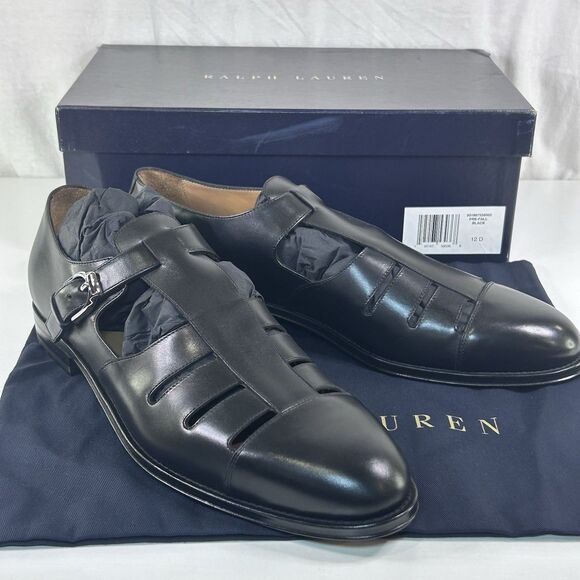 Ralph Lauren Purple Label Fisherman Burnished Sandal Black Calfskin Men sz 12